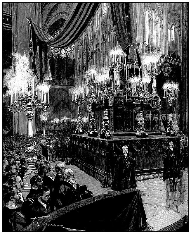 古董图片:巴扎尔德拉Charité 1897年巴黎大火。葬礼在圣母院